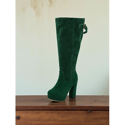 Kniehohe Plateaustiefel aus Wildleder für Damen mit verstellbarem, breitem Reißverschluss an der Wade, modische Stiefel mit Blockabsatz für urbane Streetwear Image