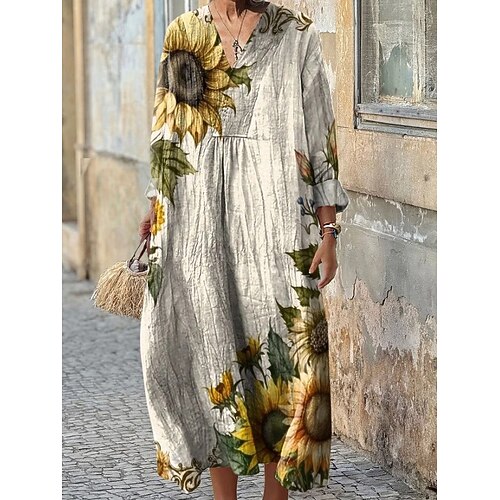 Damen Midikleid Sommerkleid A Linie Kleid Urlaub Lässig Boho Party Ferien Strand Lässiger Schnitt Blumen Grafik Geometrisch Langarm V Ausschnitt Dunkelrot Rosa Blau Purpur Sommer Frühling Herbst Image