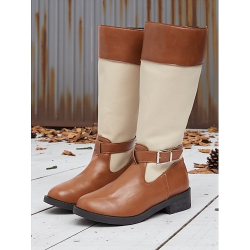 Braune Damen-Reitstiefel aus Kunstleder mit Schnalle und Canvas – lässige, zweifarbige Kniestiefel für Arbeit, Reisen und Outdoor Image