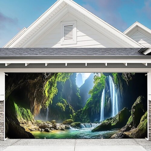 Garagentorabdeckung Großes Hängendes 森林 Wasserfall Rustikal 3D Party Outdoor Hintergründe aufnehmen Vordert¨¹r? Dekorationen Wand Tür Hintergrund Image
