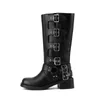 Neue Niet gürtels chnalle schwarz braun kniehohe Stiefel Herbst Winter Round head Punk-Stil Chelsea Damen Motorrads tiefel Größe 36-43