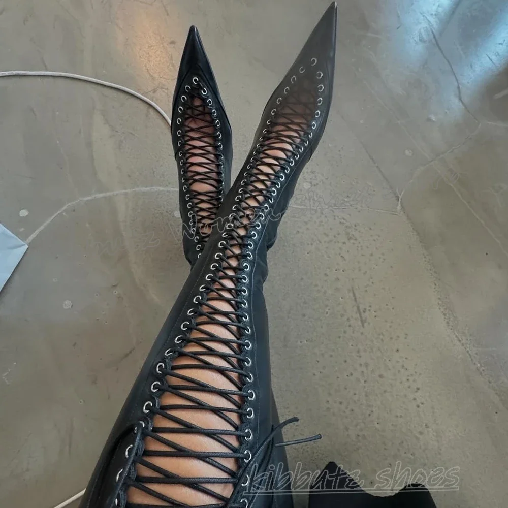Hohl Kniehohe Stiefel Leder Einfarbig Neuheit Mode Elegante Sexy Luxus Concise Frauen Schuhe Spitz Dünne Ferse Neueste