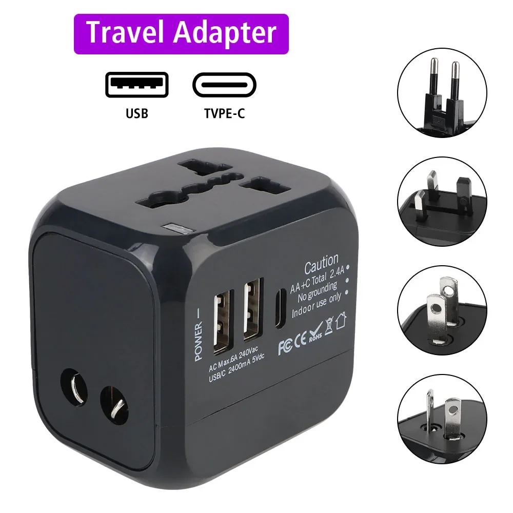 All-in-One-Wand-Reiseladegerät-Adapter – US-EU-UK-AU-Stecker mit 2 USBs und 1 Typ C, universell für Reisen Image