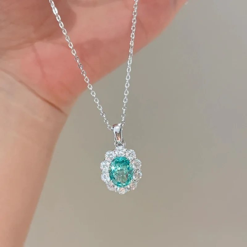 Retro und romantische Paraiba-Sonnenblumen-Volldiamantring-Halskette, modische, luxuriöse, elegante, blaugrüne Schmucksets aus 925er Silber Image