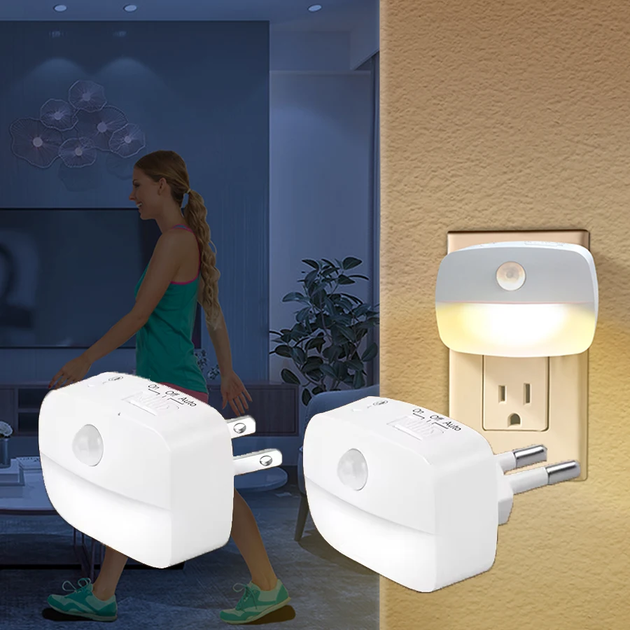 EU-US-Sockel, LED-Nachtlicht mit Bewegungsmelder, AC 85–265 V, PIR, menschliche Induktionslampe, 3 Farben, Plug-in-Wand für Schlafzimmer, Flur