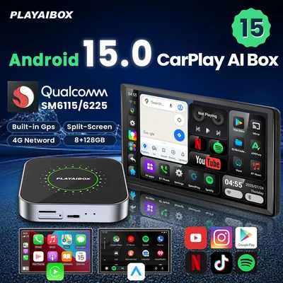 PLAYAIBOX Android 15 Carplay AI Box Wireless Carplay Android Auto QCM6115/QCM6225 For YouTube Netflix 8GB+128GB Built in GPS