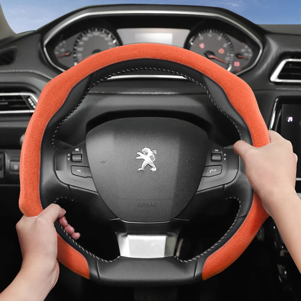 Passend für Peugeot Premium-Lenkradbezug aus Wildleder zum Aufstecken, rutschfest, langlebig, rundes und D-förmiges Lenkrad, erhältlich 3008, 4008, 408 x Image