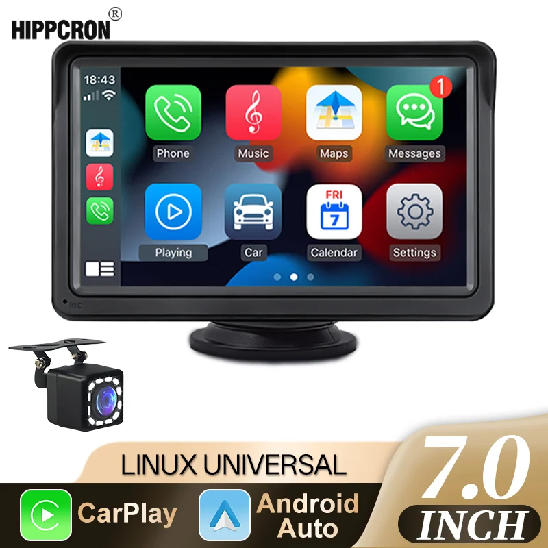 Hippcron 7 Zoll Wireless Carplay Android Auto Autoradio Stereo Multimedia Video Player mit AUX USB Bluetooth IPS Touchscreen Image