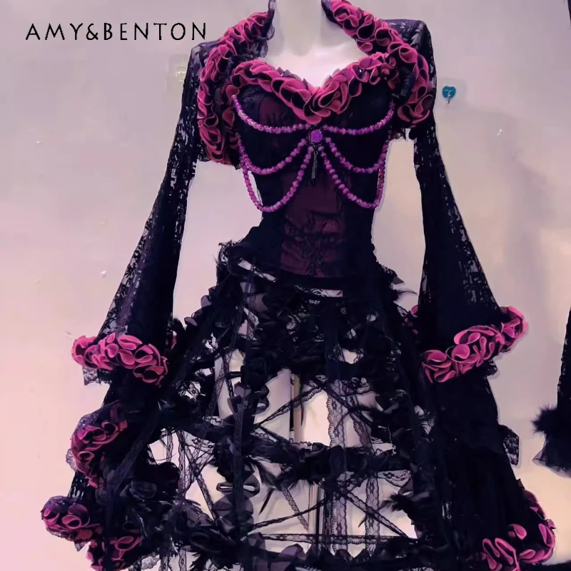 Original Lolita Rock Dark Gothic Schwarz Rot Perlen Jacquard frauen Weste Neue Gericht Gothic Spitze Aushöhlen Sexy Röcke Anzug damen