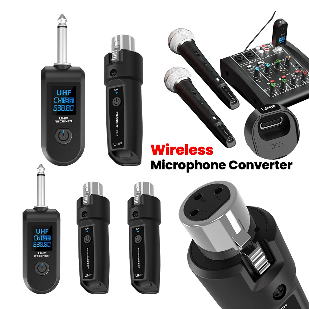 XLR-Sender und Empfänger, Mikrofon, drahtloses System, kabelloser Mikrofonadapter für Audio-Mixer, dynamisches Mikrofon, E-Gitarre, Bass Image
