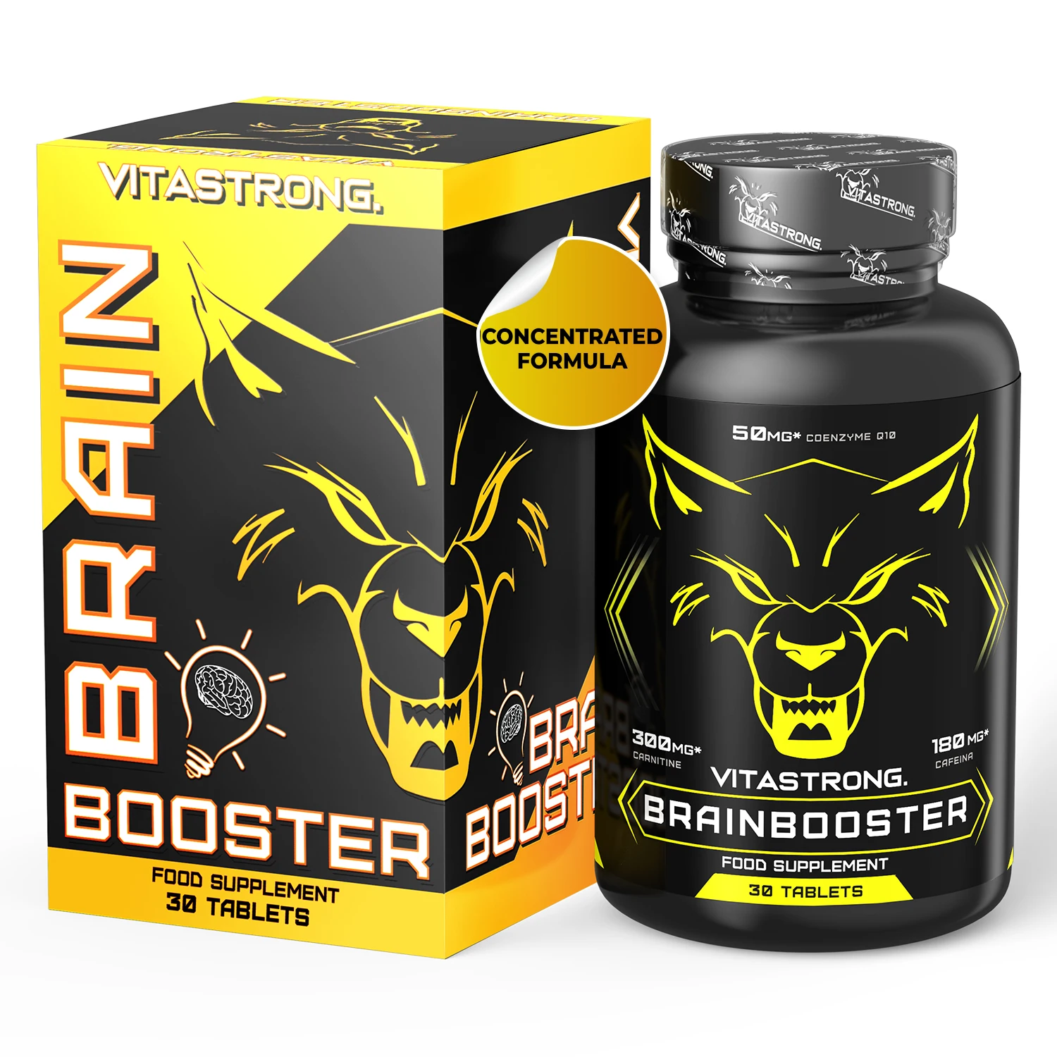 Vitastrong Brain Booster, kraftvolles Nootropikum mit Panthenisäure für geistige Leistung, Koffeinkomplex-Ergänzung, Biotin, Carnitin, Coenzym Q10, Vitamin B6, Vitamin B12 und Folsäure Image