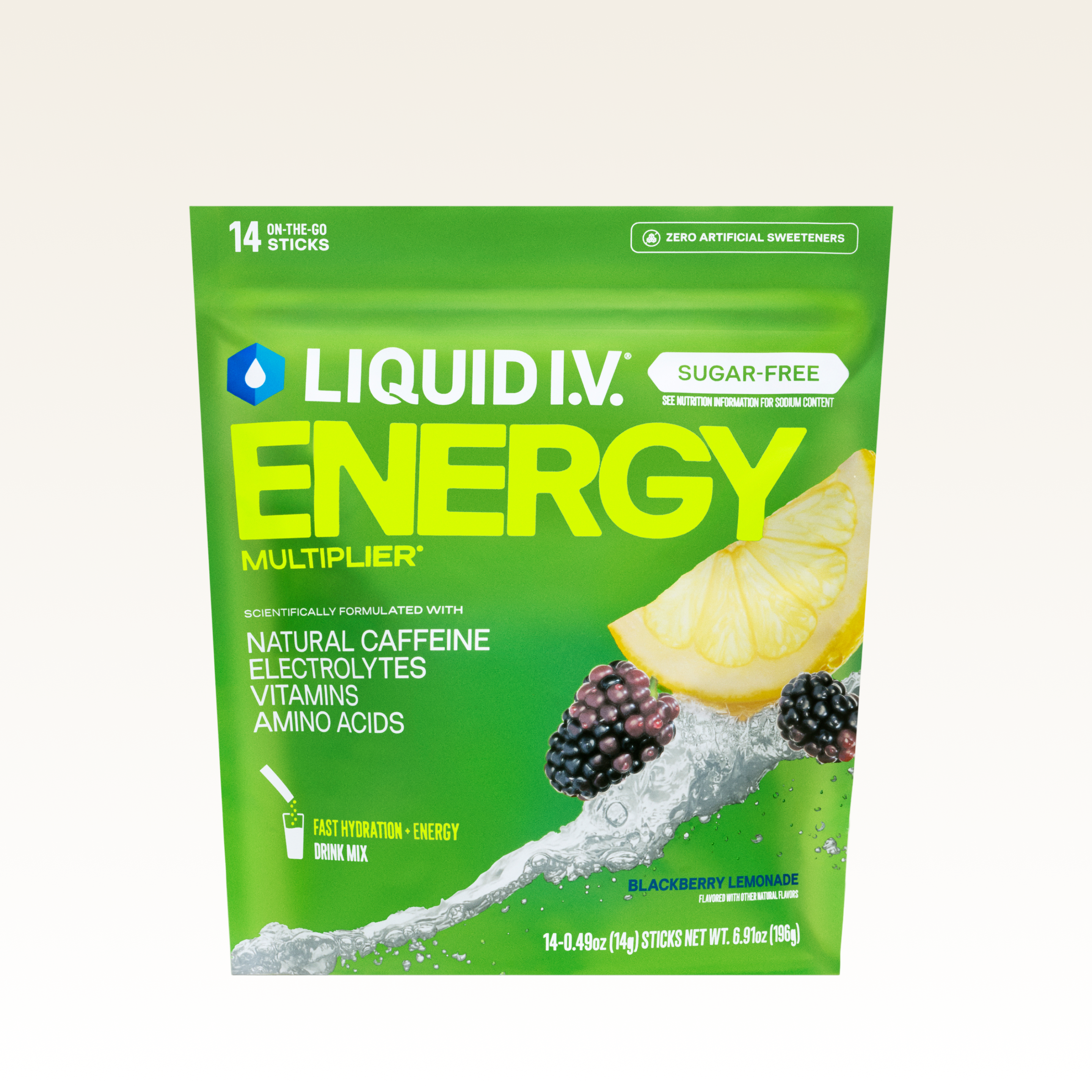 Liquid I.V.® Sugar-Free Blackberry Lemonade Hydration Multiplier® +Energy (14 Pack) - Hydrating Sugar-Free Electrolytes W/ Caffeine