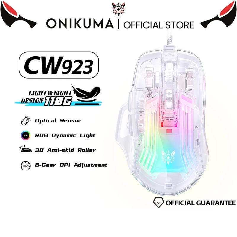 Onikuma Cw923 E-Sports Gaming-Maus, kabelgebunden, transparentes Gehäuse, 12800 DPI, extrem niedrige Latenz für E-Sports Image