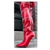Rote Nieten ausgeschnitten über dem Knie hohe Stiefel, dünner hoher Absatz, spitze Zehen, modisch, sexy, 2025, Winter, große Damenschuhe, Zapatillas Mujer