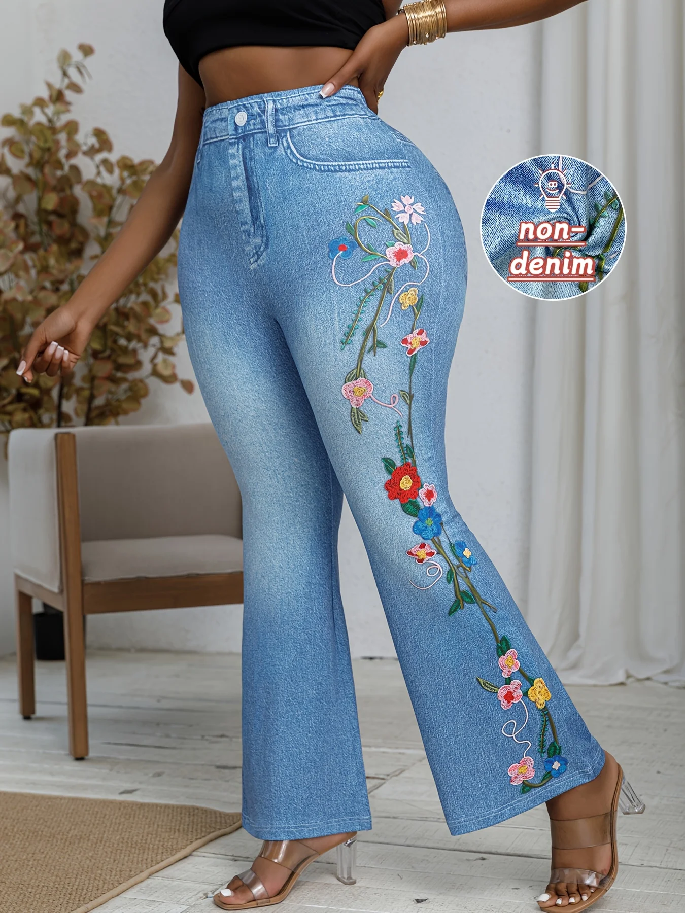 Plus Size Damen-Schlaghose im Denim-Stil mit Blumendruck, hohe Elastizität, bequeme, modische Hose mit weitem Bein Image