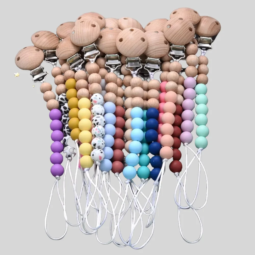 Baby-Schnullerclip aus Buche-Silikon mit bunten Zahnungsperlen, lebensmittelechter Anti-Drop-Schnullerhalter, runde Nippelkette zum Beruhigen Image