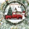 20,3 cm große Aluminium-Weihnachtswanddekoration – Vintage-Schneemann und rote LKW-geprägte Urlaubsszene mit fröhlichem Weihnachtsbanner