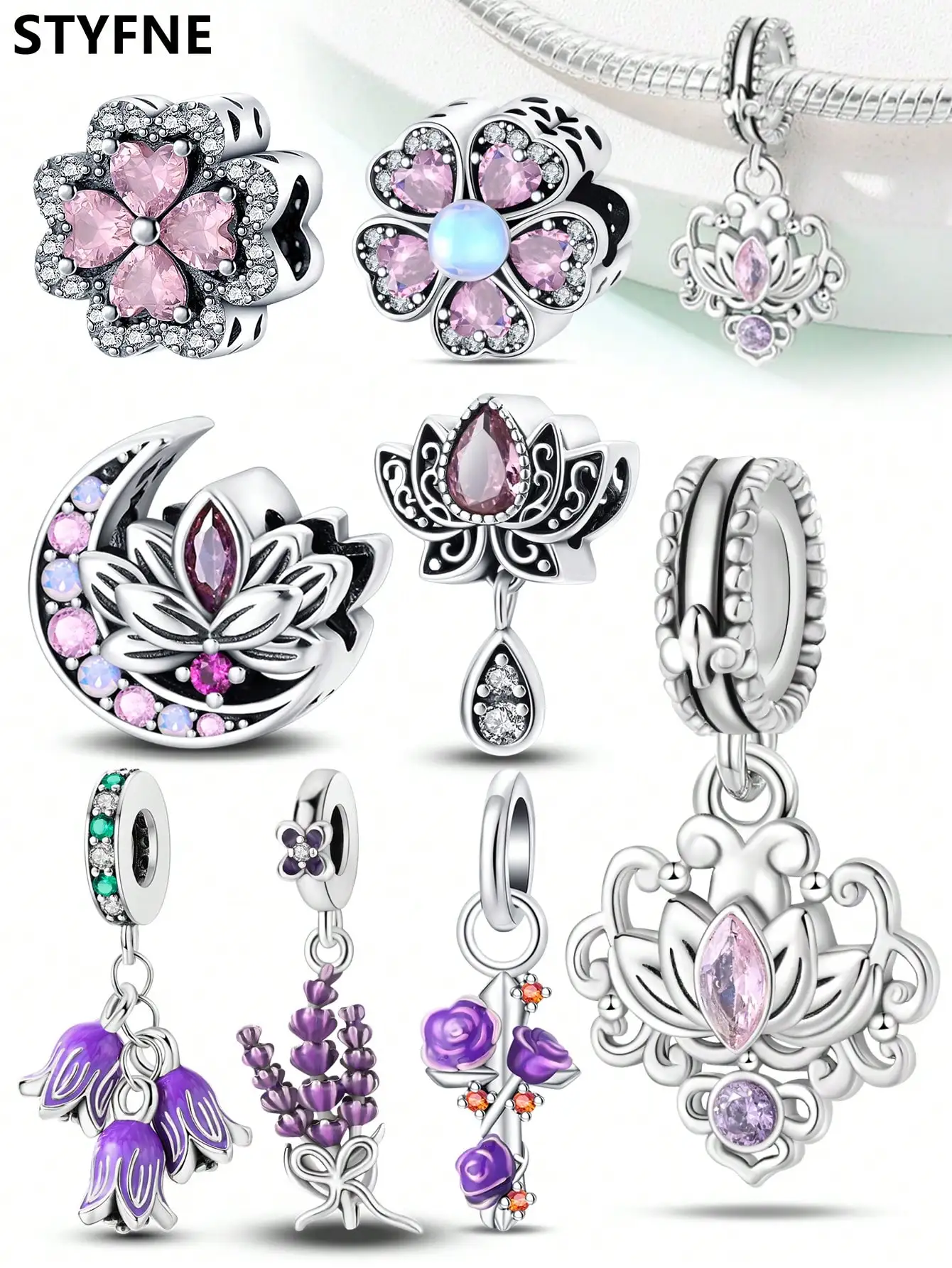 Charms Plata Pink Rose Bellflower Perlen Charm versilbert Fit Charms Silber 925 Original Armband für Schmuckherstellung DIY Charm Image