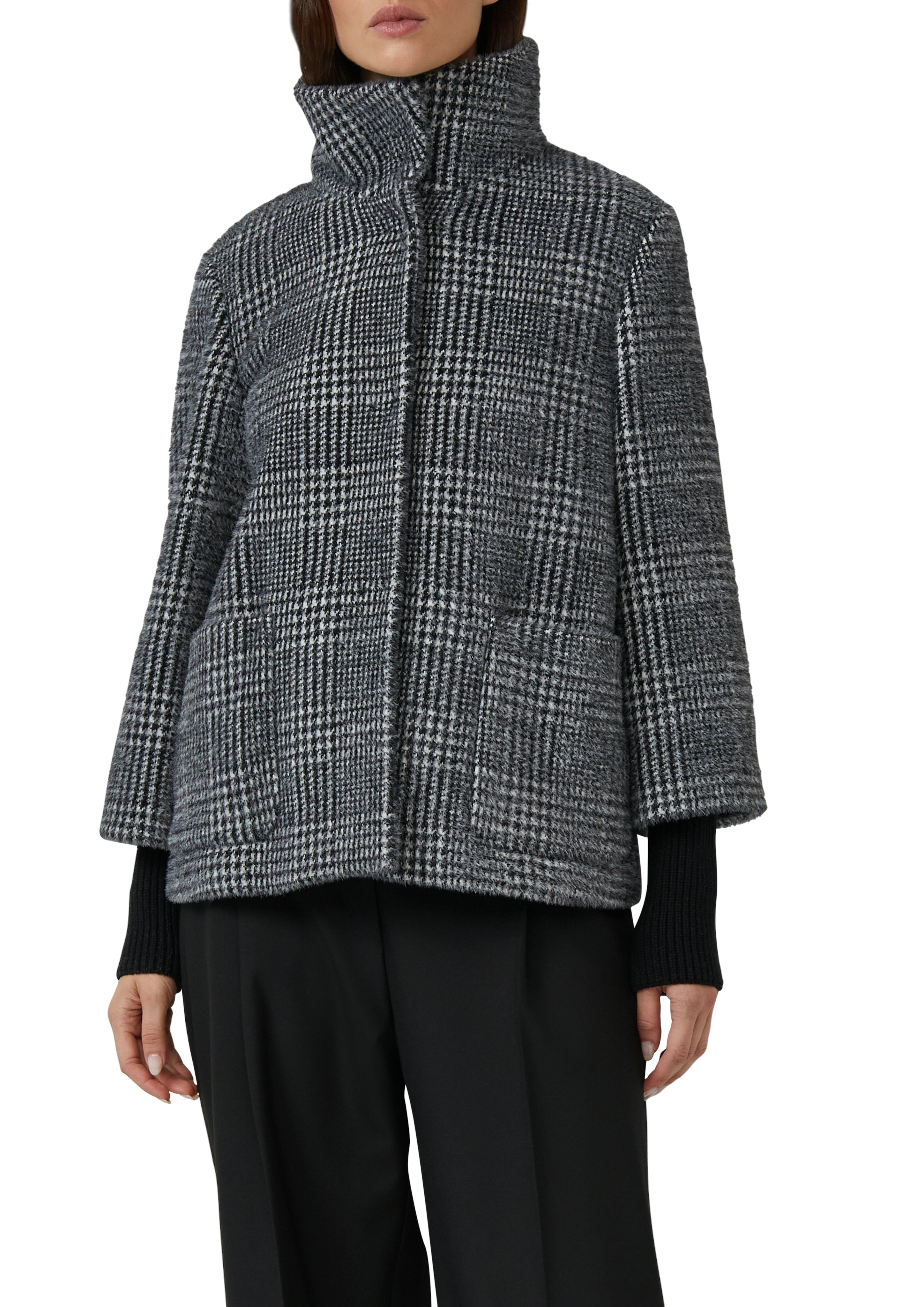 Outdoorjacke S.OLIVER BLACK LABEL, Damen, Gr. 40, schwarz (grau, schwarz karo), Web, Obermaterial: 63% Polyamid, 37% Polyester. Futter: 100% Polyester, kariert, lässig geschnitten hüftbedeckend, Rundhals, Flachstrickbündchen, Jacken Outdoorjacke,...