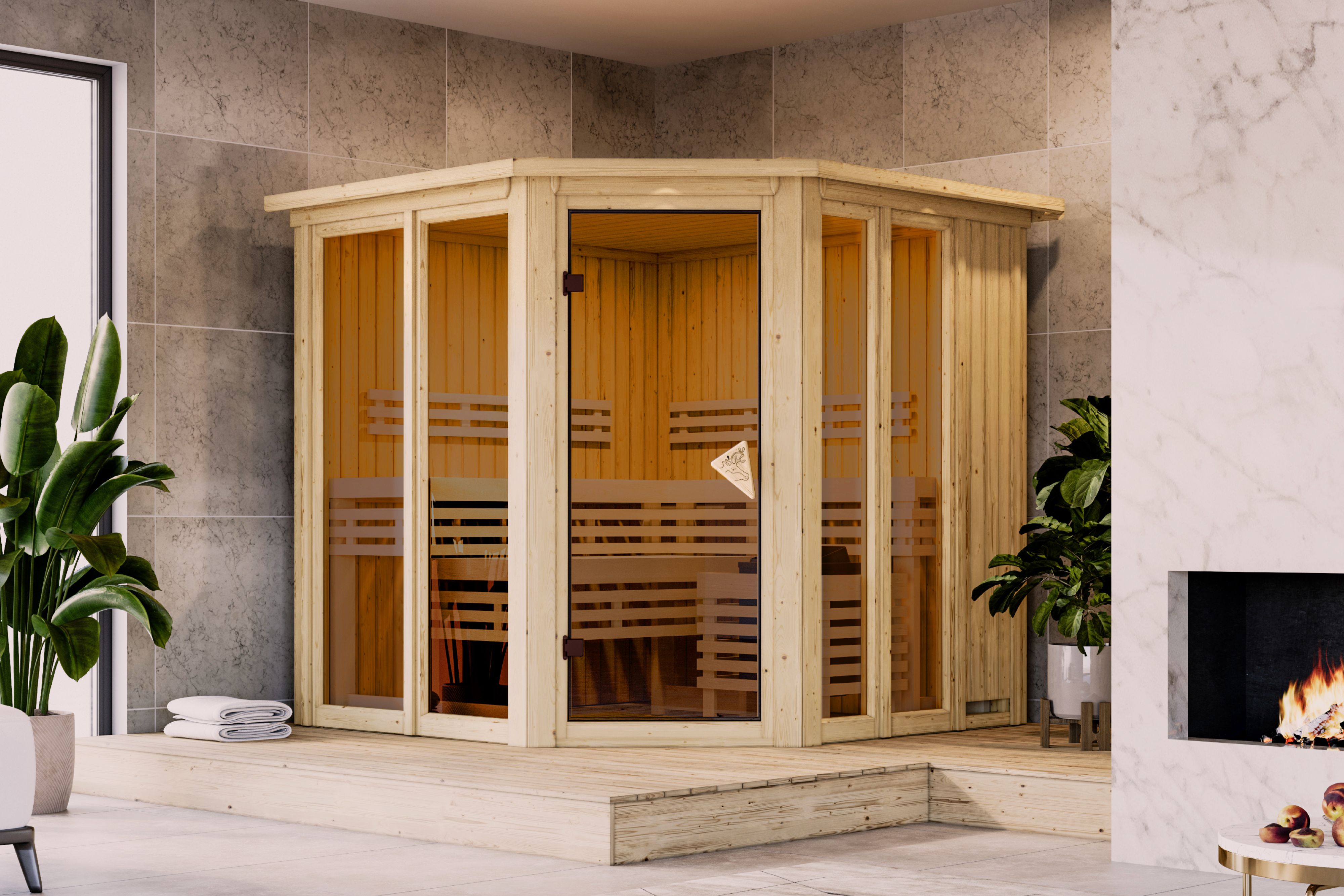 Sauna KARIBU "Airia" mit Kranz, naturbelassen", naturbelassen, ohne Ofen, ohne Steuerung, (ohne Ofen), Saunen, aus hochwertiger nordischer Fichte Image