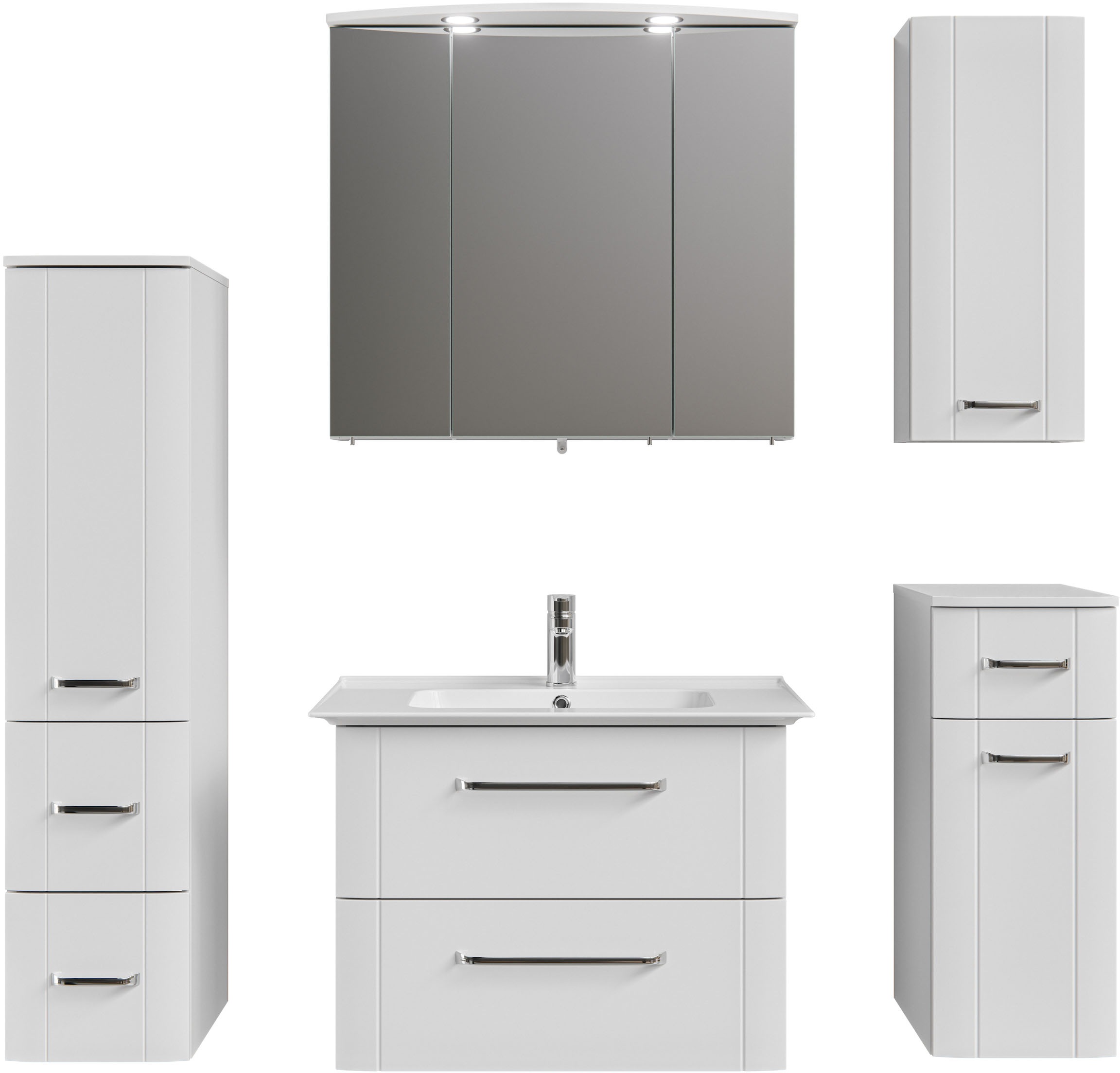 Badmöbel-Set SAPHIR "Badmöbel-Set Serie 3006 5-teilig Keramik-Waschtisch mit Spiegelschrank", weiß, B:80 H:57,4 T:46,8, Spanplatte, Kastenmöbel-Sets, Badezimmer-Set mit Unterschrank, Hängeschrank, Midischrank, Türdämpfer Image