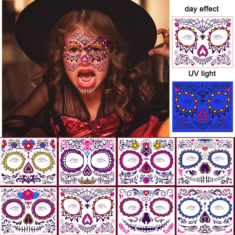 Fluoreszierende Halloween Temporäre Tattoos Aufkleber Tag Der Toten Gesicht Tattoos Schädel Wasserdicht Nacht Bar Festival Party Make-Up De Image