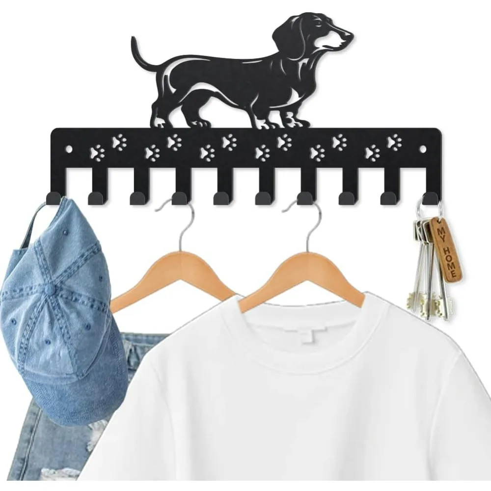 Dackel-Garderobenständer, Wandmontage, Metall, Hundepfotenabdruck, Schlüsselhaken, 9,8 x 4,7 Zoll, Haustier-Tier-Kleiderhaken mit 10 Haken, schwarze Hundeleine, Wand Image