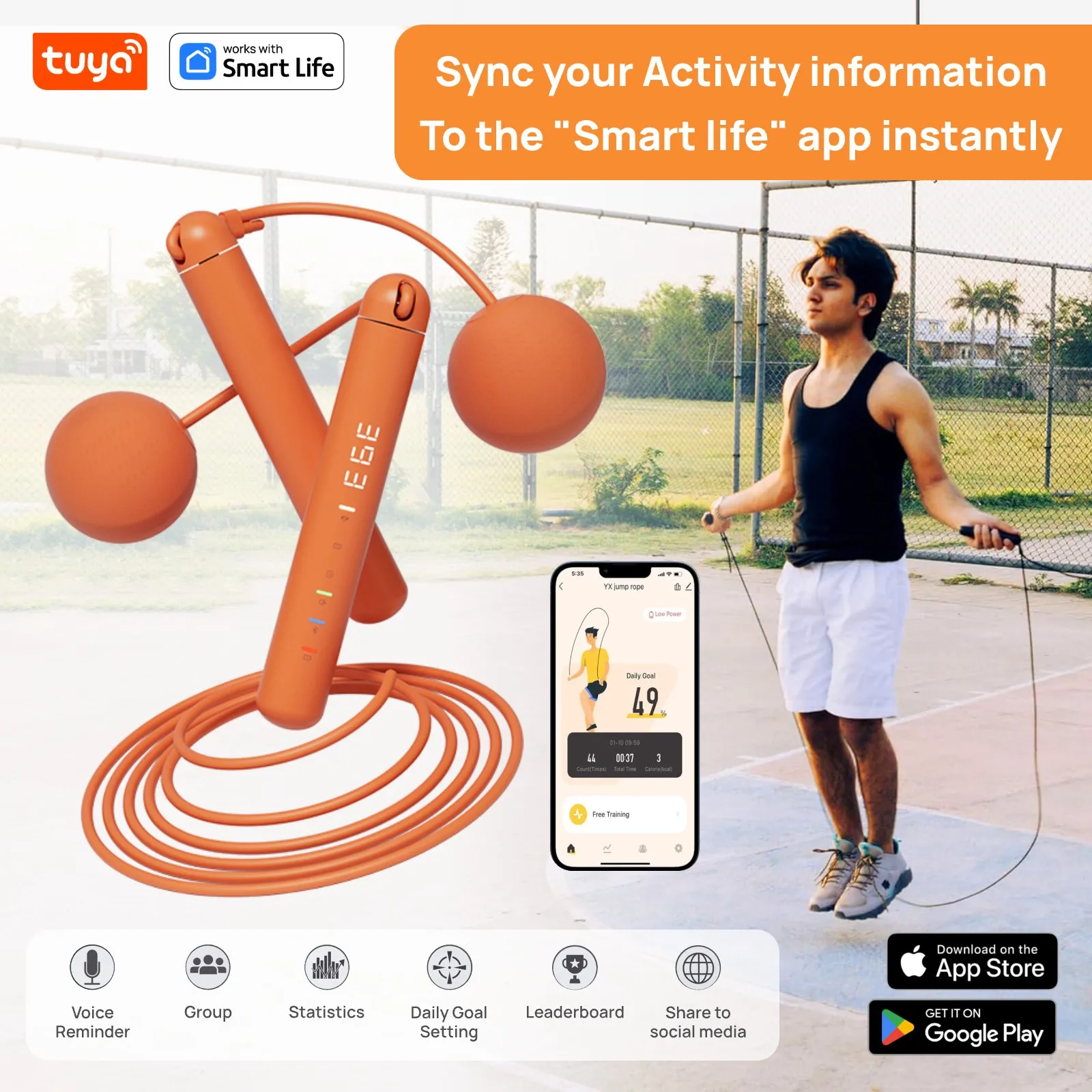 Orange Tuya Smart Jump Rope With Vioce Counter/App-Tangle-Free Rapid Speed Skipping Rope for Fitness,Gifts forAdults,Women,Kids