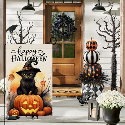 1 piece of Halloween cat pumpkin festival outdoor welcome flag, home lawn outdoor decoration 12 × 18 inches (excluding flagpole)
