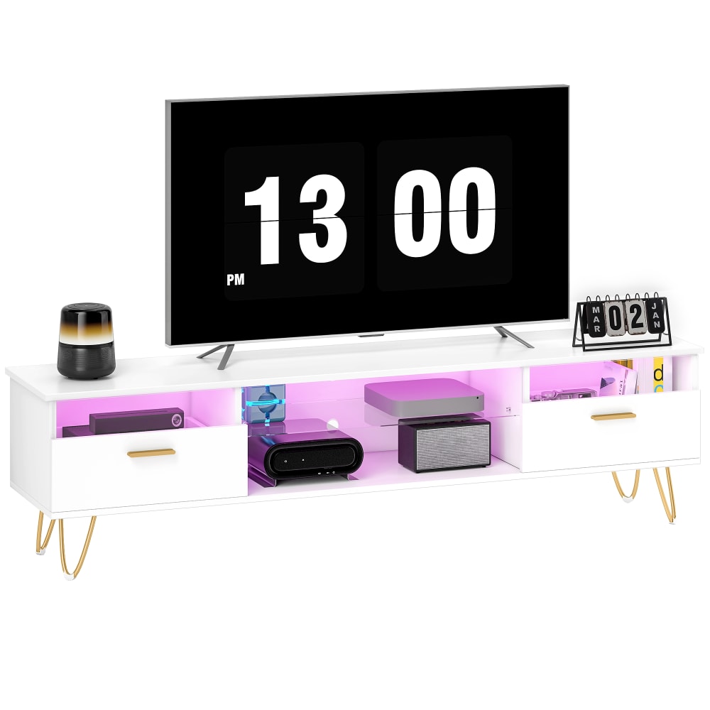 Meuble TV LED RGB de 16 couleurs 2 tiroirs étagère ouverte MDF blanc