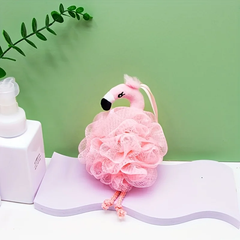 Flamingo-Badekugelschwamm – weiches Peeling-Herz-Design, rosa süßer Schaumball für sanfte Reinigung, entspannende Hautpflege-Dusche Image