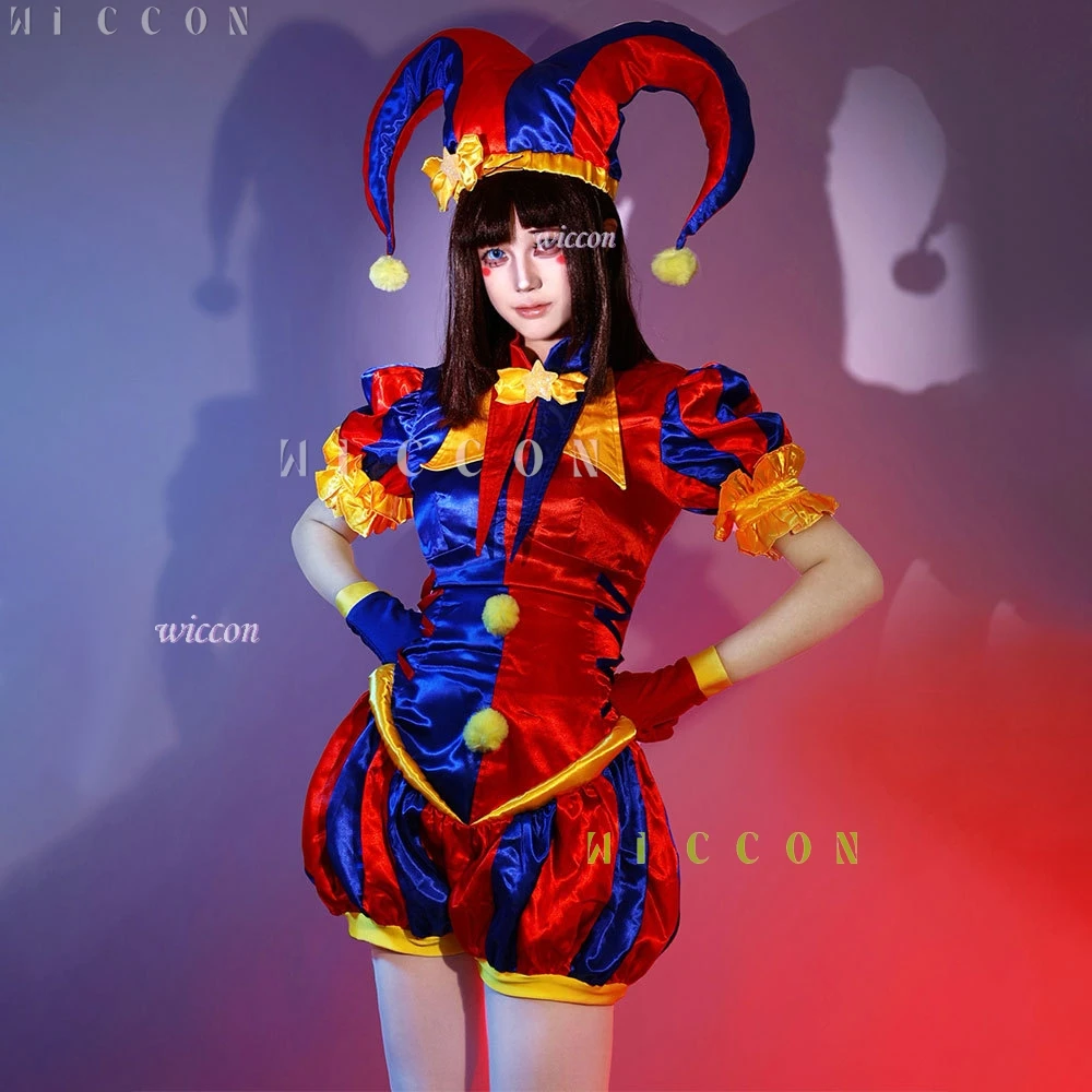 Lustiges Zirkus-Clown-Cosplay-Kostüm, Perücke, Halloween, niedliche Pommni-Kleidung, Hut, Cartoon-Einteiler, rot und blau gestreift, Karnevalskostüm Image