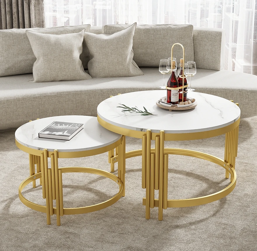 Comanlai Modulares Couchtisch-Set, runde Tische in Marmoroptik, moderner Beistelltisch, mit goldenem Metallrahmen, für Wohnzimmer, Schlafzimmer Image