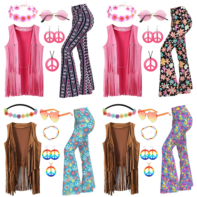 Hippie Disco 60er 70er Cosplay Kostüm Damen Peace Love Hip Quasten Hippie Weste Strickjacke Schlaghose Set Halloween Karneval Party Image