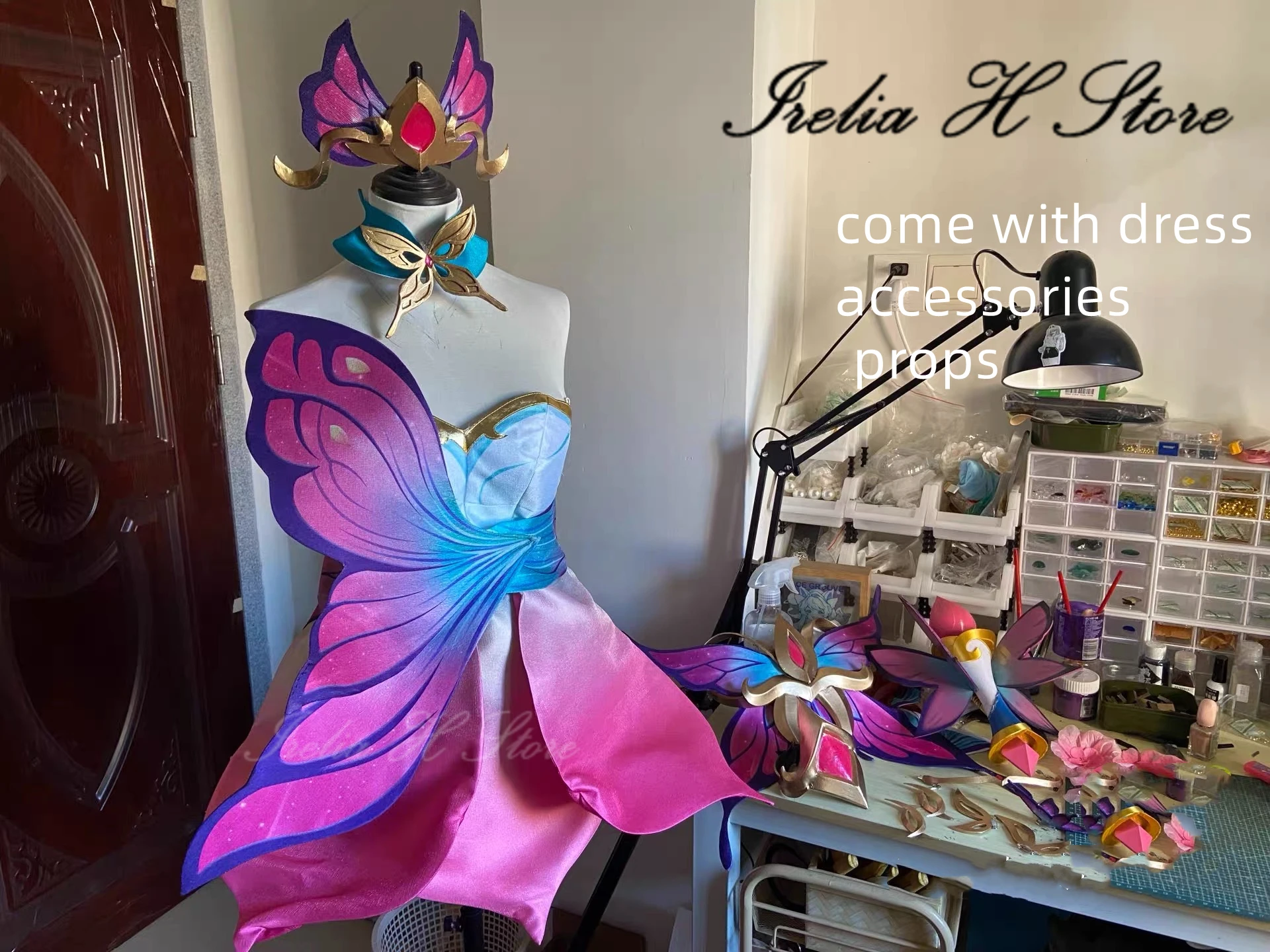 Irelia H Store LOL Faerie Court Seraphine Cosplay-Kostüm für Damen, komplettes Set, Flügelmikrofon, maßgeschneidert Image