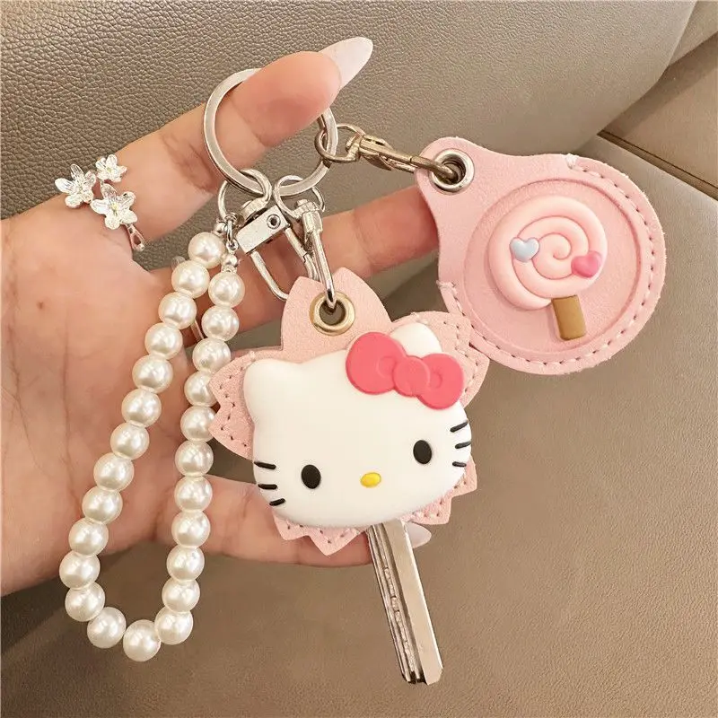 Neue Anime Hello Kitty Schlüsselanhänger Anhänger Cartoon Rosa Hello Kitty Kopf Runde Zugangskarte Schutzset Schlüsselanhänger Zubehör
