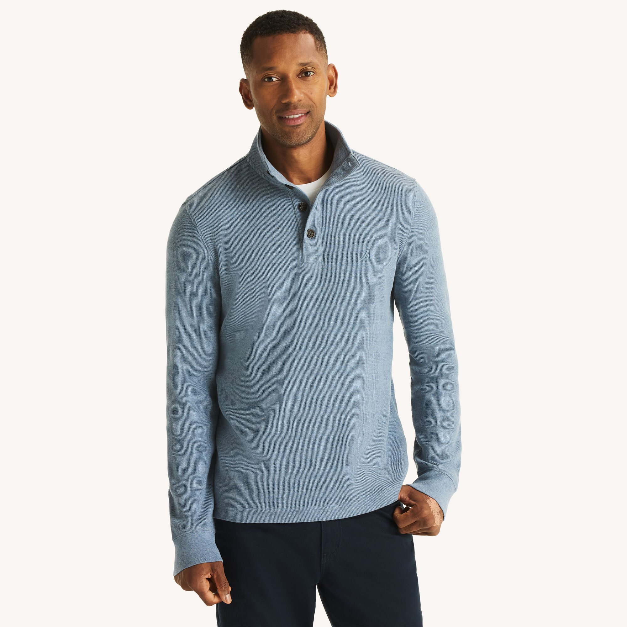 Nautica Men's Waffle Knit Mock-Neck Pullover 442 (Anchor Blue Heather), L