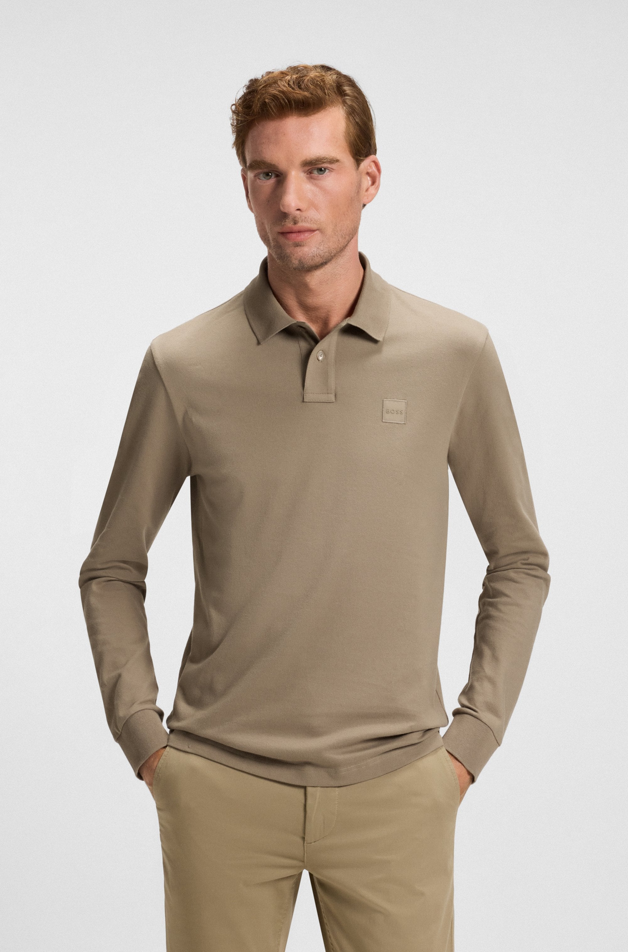 Poloshirt BOSS ORANGE "Passerby", Herren, Gr. L, grün (open grün346), Jersey, Obermaterial: 95% Baumwolle, 5% Elasthan, körpernah hüftbedeckend, hoch geschlossener Ausschnitt, eingesetzt elastischer Bund, Shirts, mit BOSS-Logobadge
