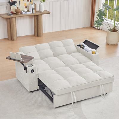 Chenille Loveseat Sleeper Sofa Bed with Storage Armrest ,USB Port ,Side Table