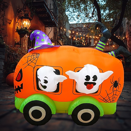 Halloween Gonfiabile Autobus di Zucca Decorazione Giardino Zucca Gonfiabile Illuminata con due Fantasmi Cappello da Strega Viola Design Ragnatela Impermeabile per Giardino Frontale Giardino Festa di