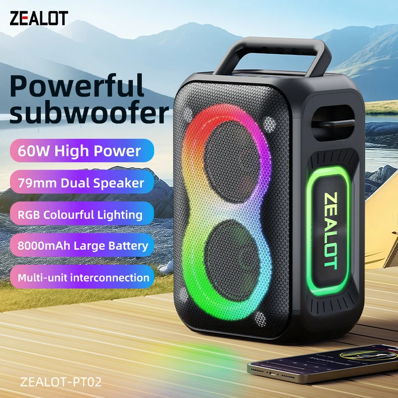 ZEALOT-PT02 60W Portable Bluetooth Speaker,IPX6 Waterproof 360° Wireless Speaker TWS Stereo Pairing 10hrs Playtime For Camping
