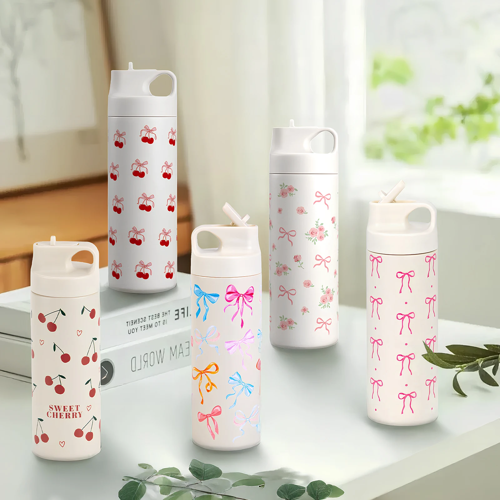 500 ml Edelstahl-Thermo-Wasserflasche mit Schleife, doppelschichtig, Kirschdruck, Vakuumbecher, Leckschutz, isolierte Flaschen, Thermo-Tumb Image