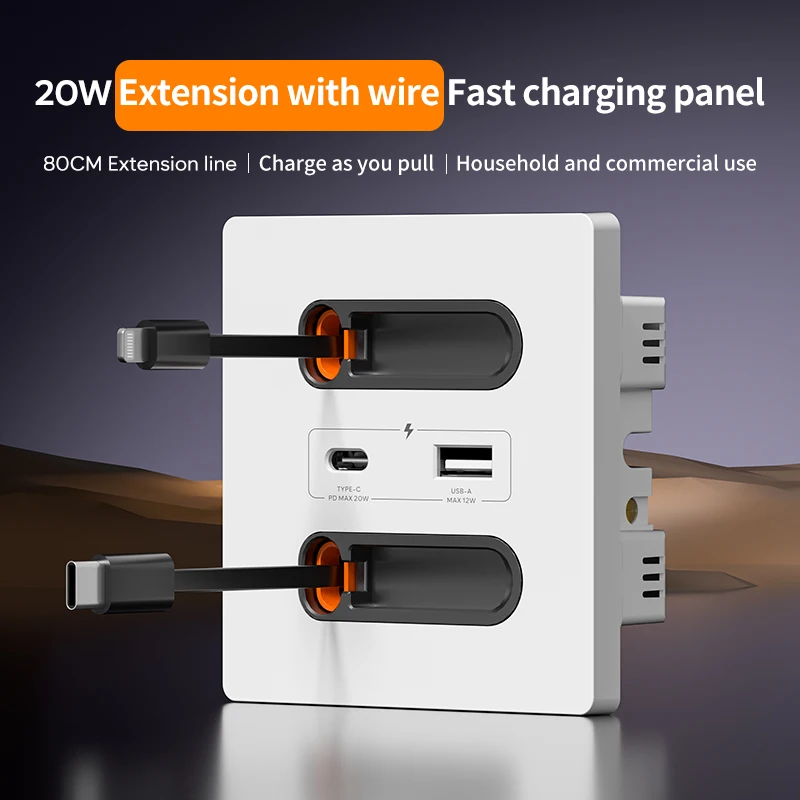 Universelle Typ-C-USB-Buchse mit einziehbarem Ladekabel 80 cm, 20-W-USB-Buchse zum schnellen Aufladen an der Wand Image