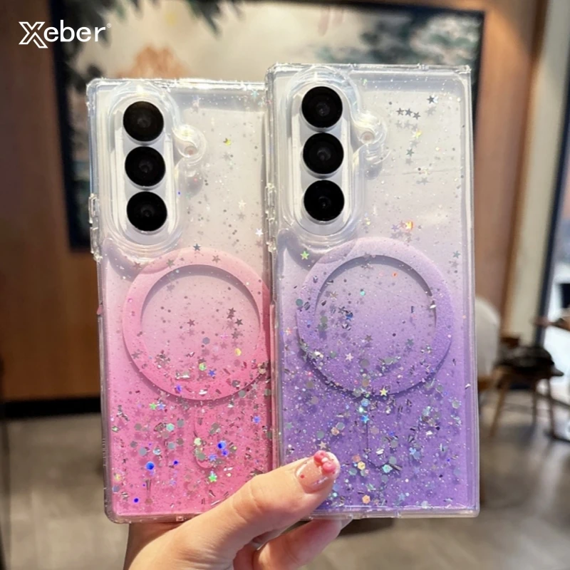 Luxuriöse Farbverlaufs-Glitzer-Magnet-Telefonhülle für Magsafe, klare Handyhülle für Samsung Galaxy Z Fold 7, 6, 5, 4, 3, harte, stoßfeste Acryl-Abdeckung Image