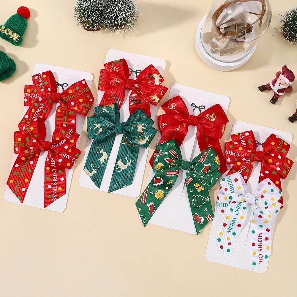 2 teile/satz Baby Mädchen Weihnachten Haar Clips Lange Band Weihnachten Baum Druck Neue Jahr Pferdeschwanz-halter Haar Zubehör für Mädchen Image