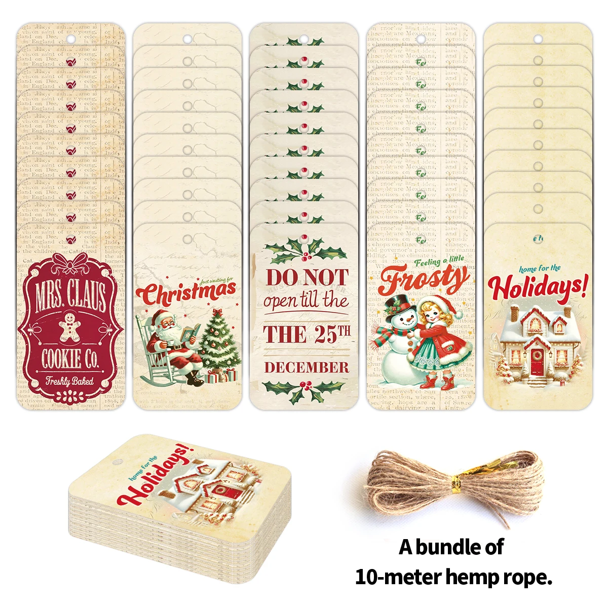 ​ 50 Stück Vintage-Weihnachts-Geschenkanhänger zum Aufhängen, Karten mit Seil, frostiger Schneemann-Illustration, Zieretikett als Geschenk, Party-Dekoration Image