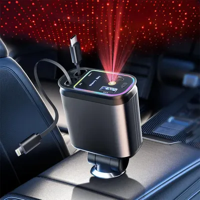 Retractable Car Charger with Starlight 66W 4-in-1 Fast Charging for iPhone USB C Cable Car Charger Cigarette Lighter Adapter