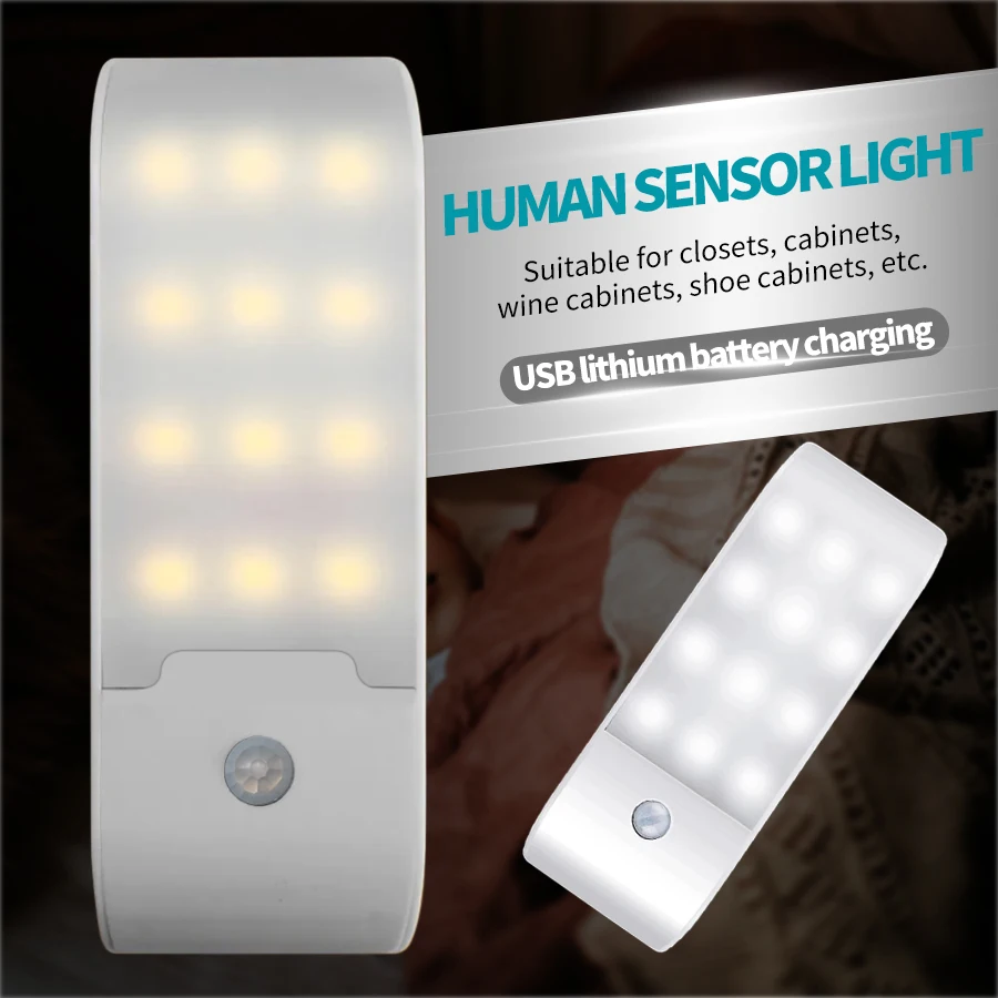 Wiederaufladbares Nachtlicht mit Bewegungsmelder, LED-Lampe für Flur, Badezimmer, Schrank, Küche unter dem Schrank, 12 LEDs, hohe Helligkeit Image