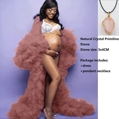 Puffy Ruffles Maternity dresses for Photo Shoot Natural Crystal Pendant Necklace Set Photographie de vêtements de maternité