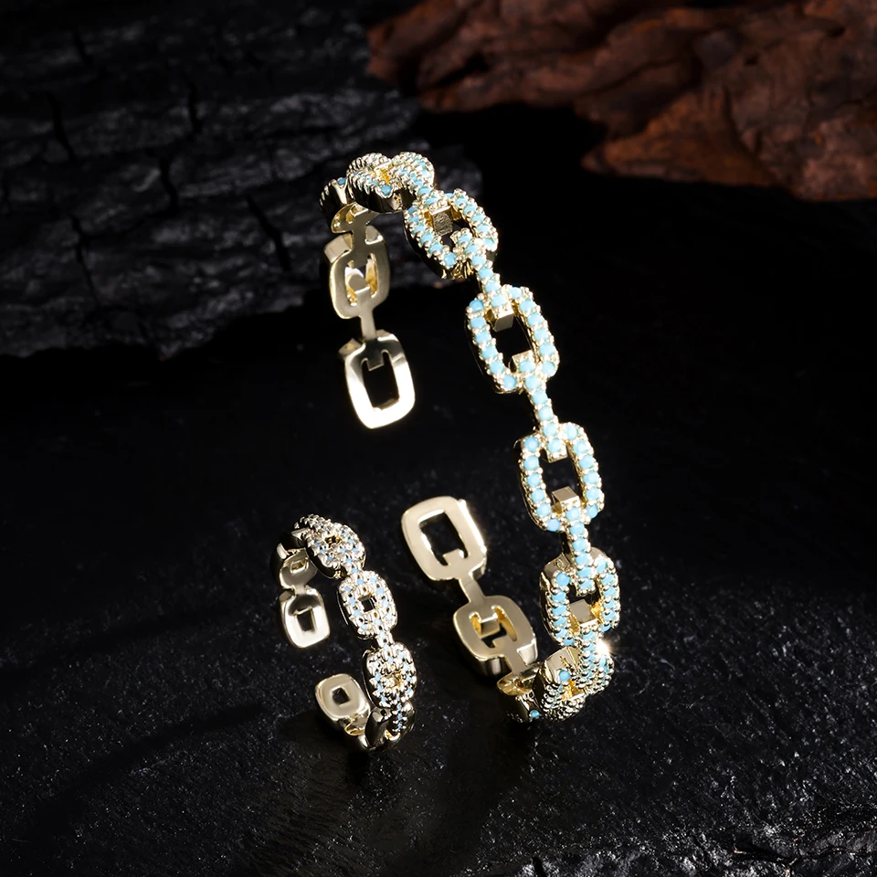 ZAKOL Neue Nische Design Türkis CC Form Offene Armband Ring Set für Frauen Buling Zirkon Exquisite Hochzeit Schmuck Image